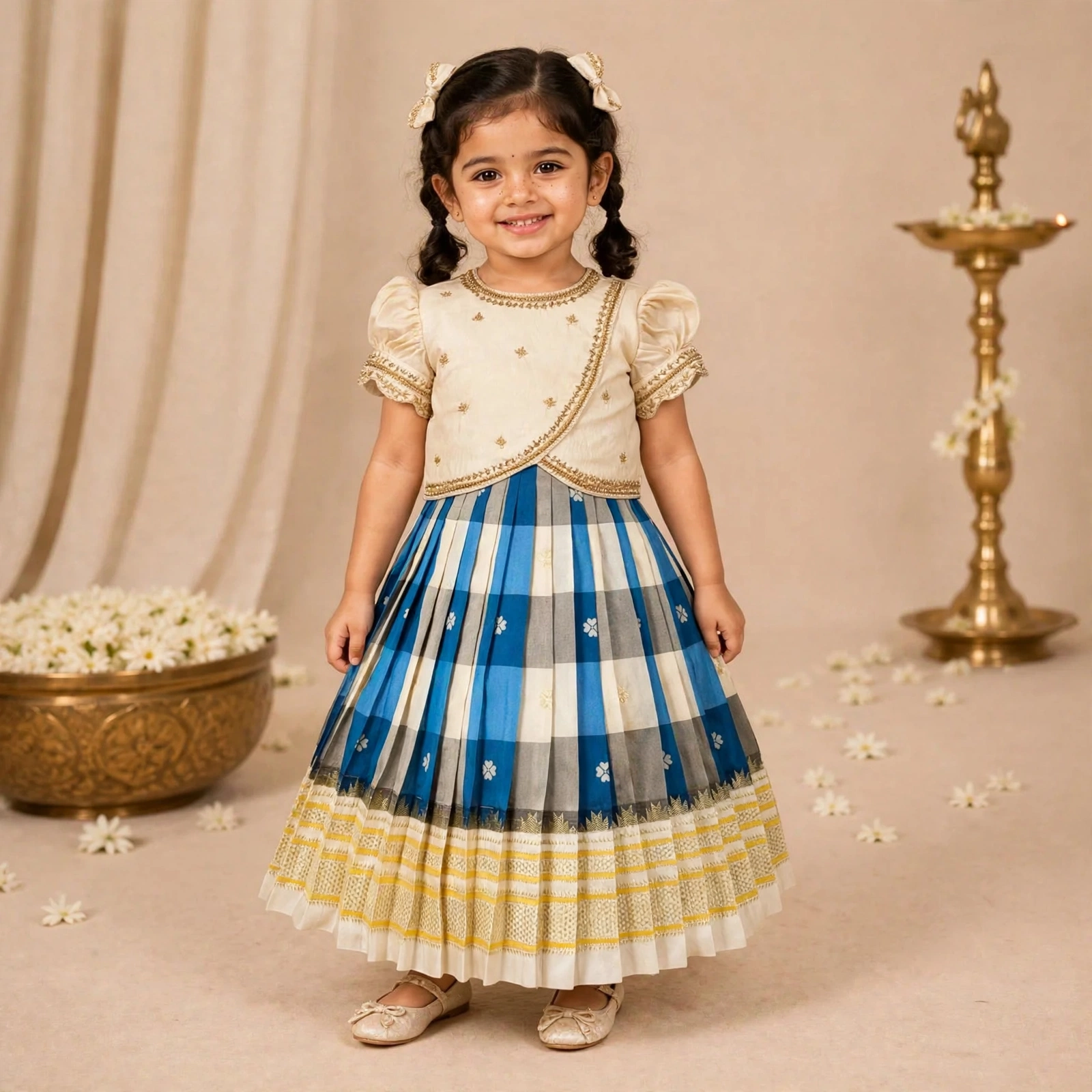 Cream & Blue Checkered Pattu Pavadai