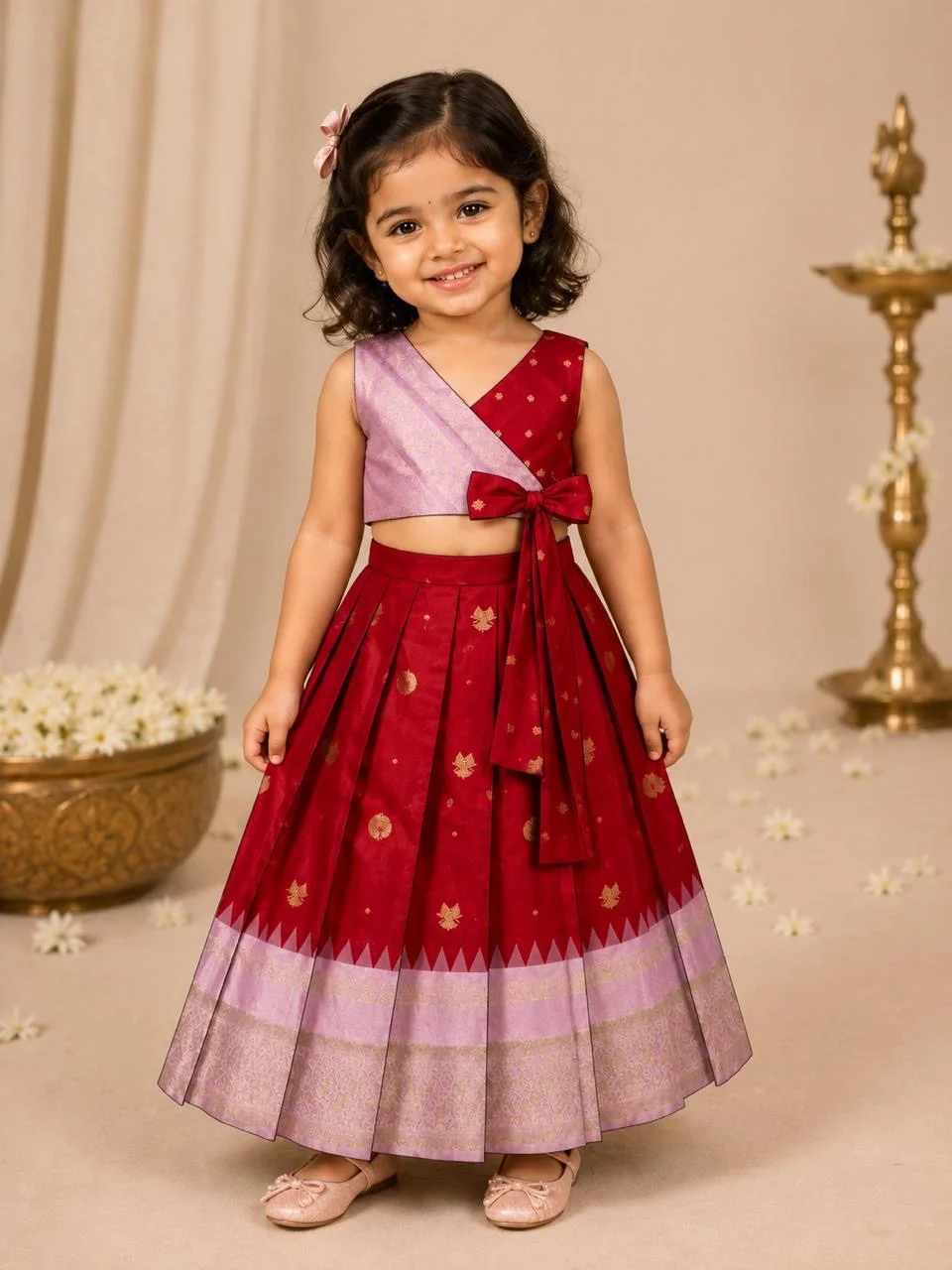 Crimson Red and Lavender Pattu Pavadai