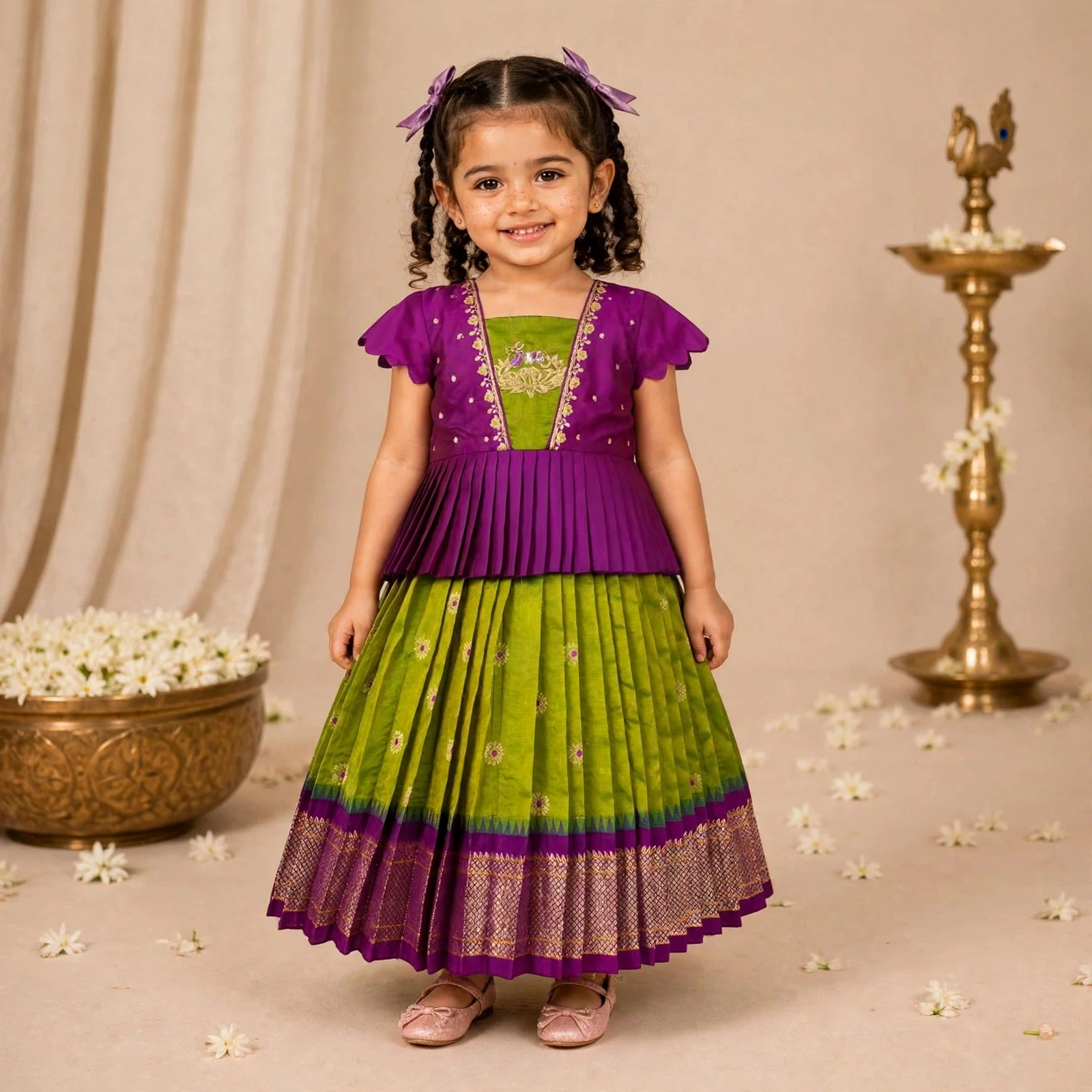 Emerald Green and Purple Pattu Pavadai