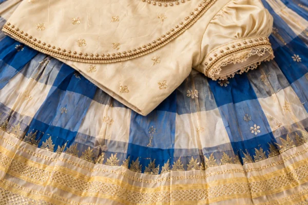 Cream & Blue Checkered Pattu Pavadai