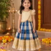 Cream & Blue Checkered Pattu Pavadai