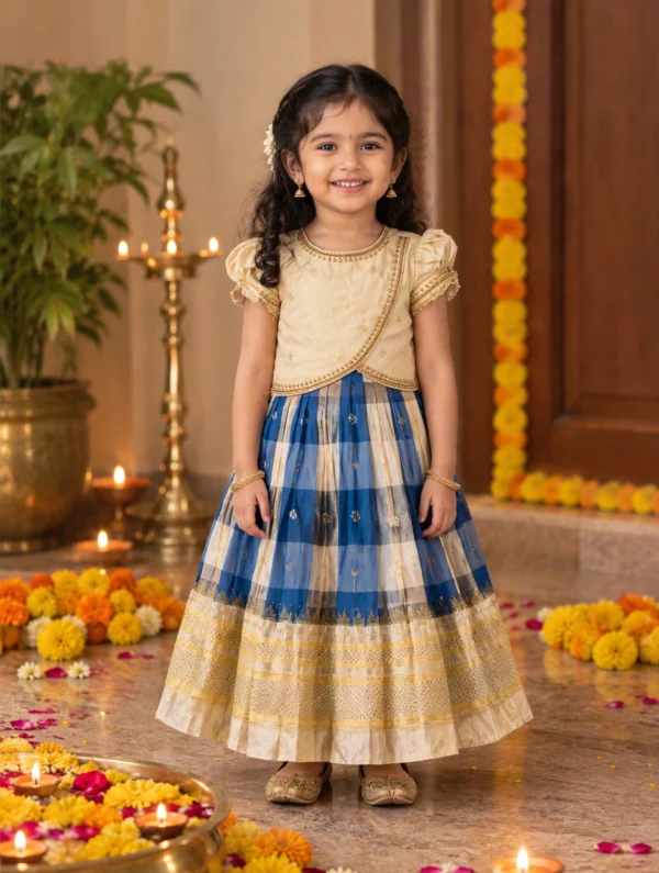 Cream & Blue Checkered Pattu Pavadai