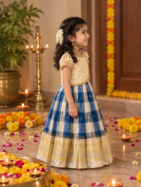 Cream & Blue Checkered Pattu Pavadai